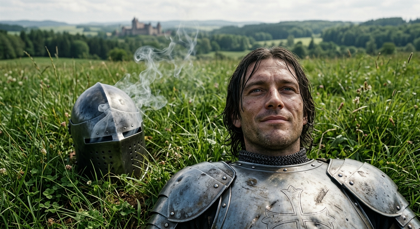 Ultra photorealistic close aerial shot (lower altitude drone), medieval knight lying on his back in a vast green meadow, - AI Generated Image
