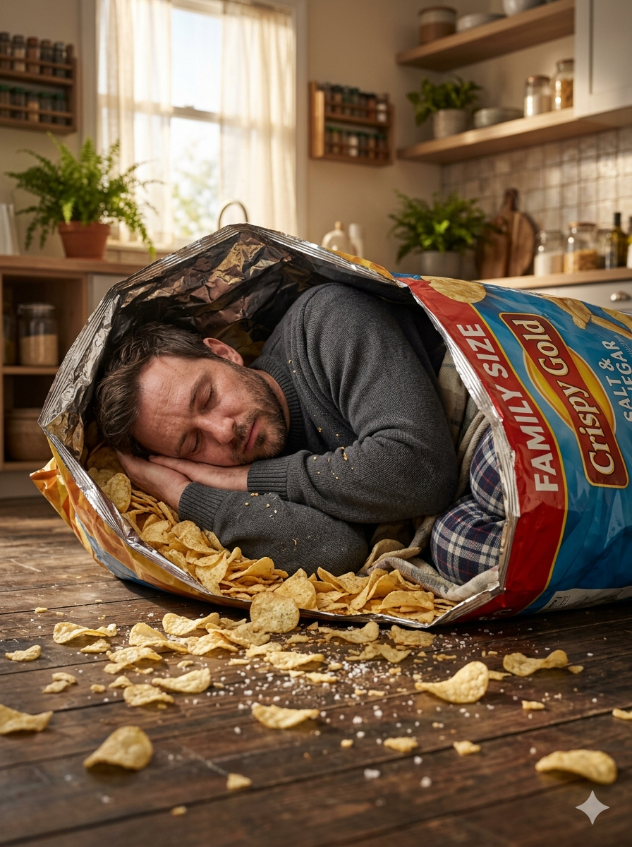 Man in Chips Packet Ai Photo Editing Prompt - AI Generated Image