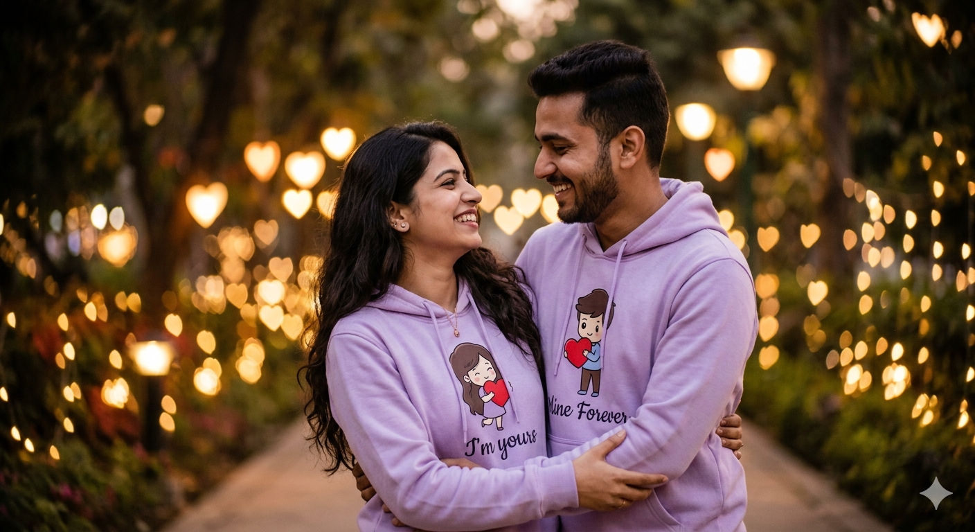 Photo Editing Prompts for Couples to Create Cozy & Aesthetic Matching Hoodie Portraits - AI Generated Image