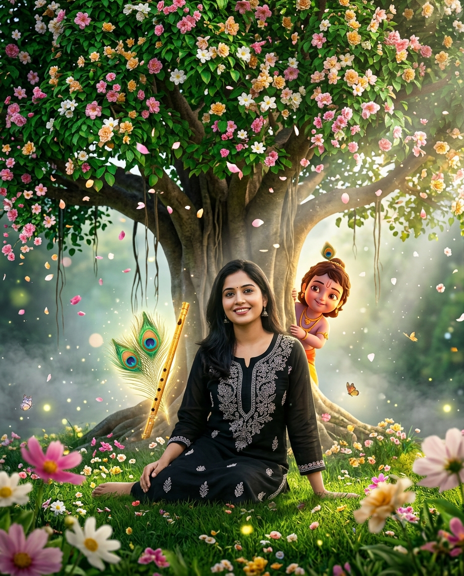 Krishna Hiding Tree Behind Ai Photo Editing Prompt  - AI Generated Image