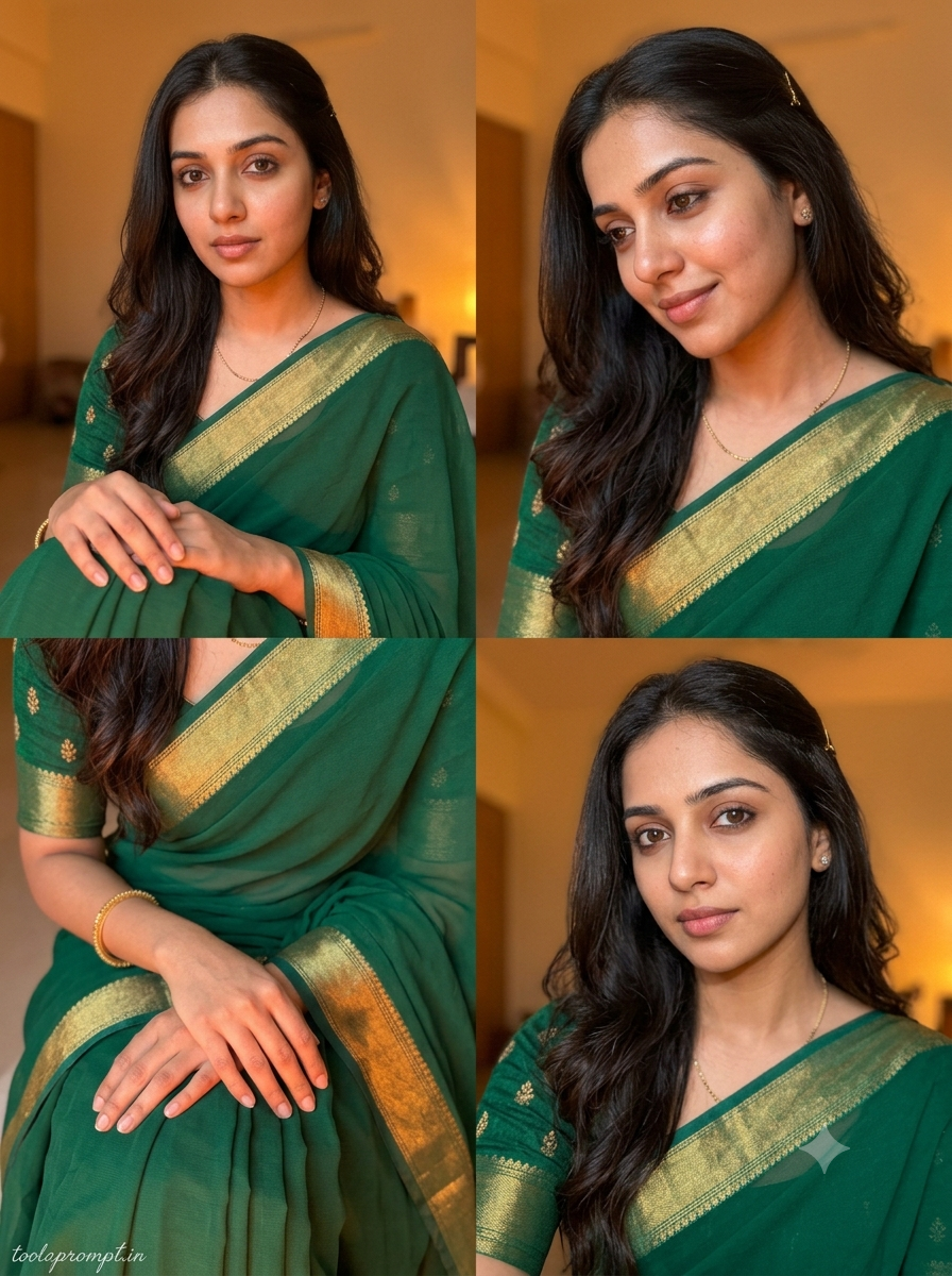 Green Saree Indian Saree AI Prompt Hands on Lap - AI Generated Image