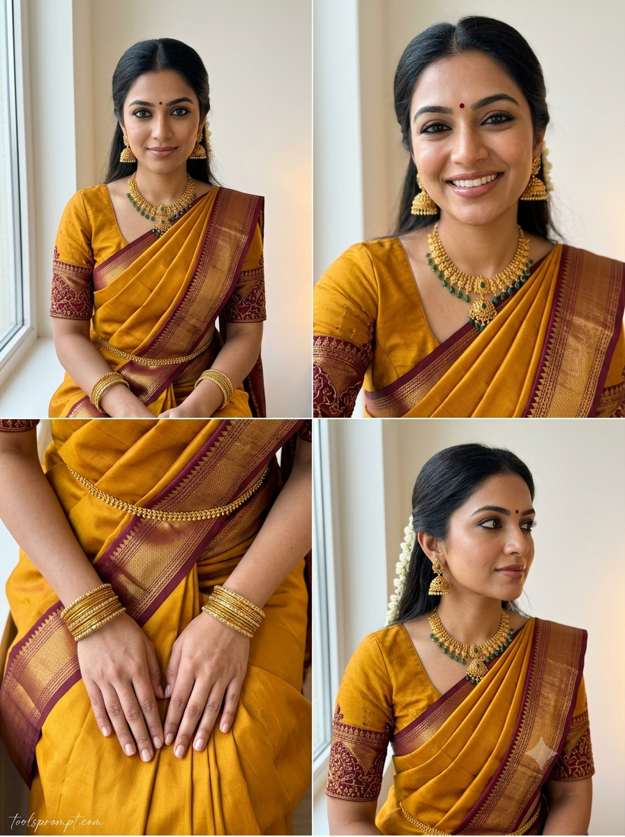 Aesthetic Saree Mustard Yellow Kanjeevaram Collage Prompt Daylight - AI Generated Image