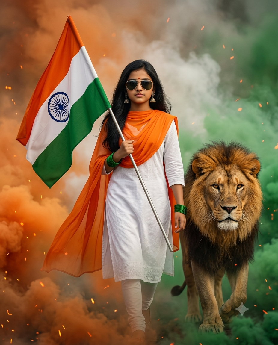 Prompt Seen Independence Day Ai Photo Editing Prompt For Girls With Lion - AI Generated Image