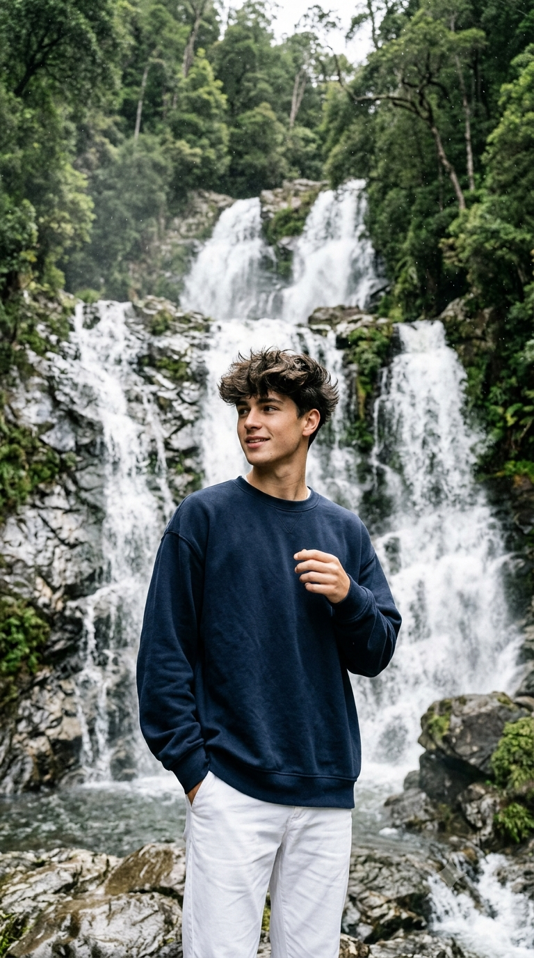 Waterfall portrait ai prompt for boys  - AI Generated Image